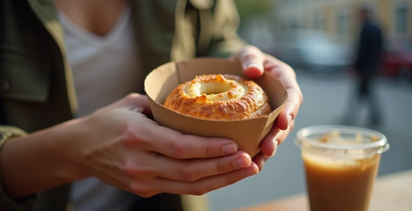 Main tenant confortablement un bol carton blanc avec pâtisserie, position ergonomique pour consommation nomade