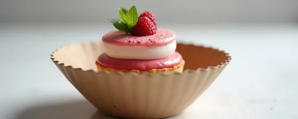 Bol carton blanc avec pâtisserie colorée et sophistiquée, fond minimaliste