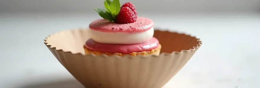 Bol carton blanc avec pâtisserie colorée et sophistiquée, fond minimaliste
