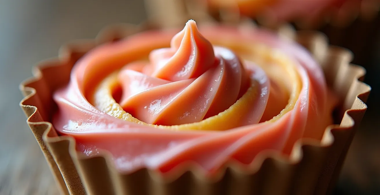 Bol carton kraft contenant une pâtisserie aux couches visibles avec motif spiralé en mousse